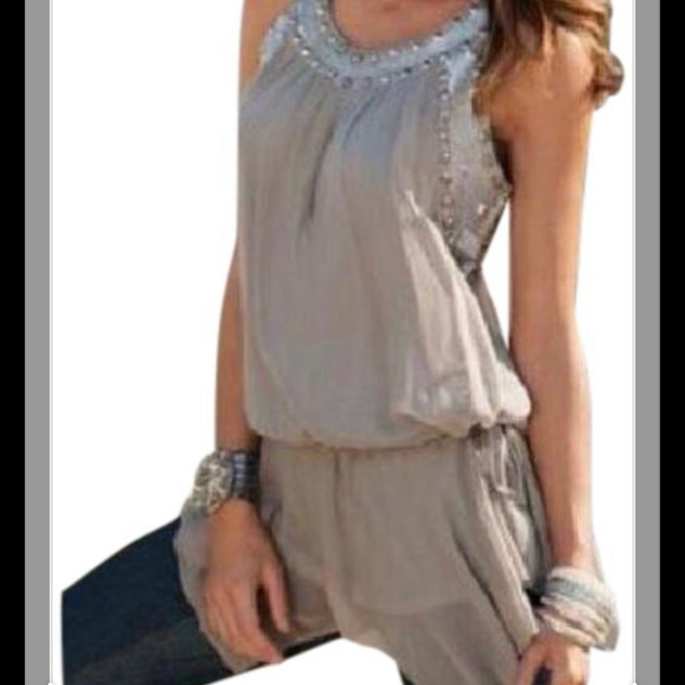 Boston Proper Sheer Drawstring Tunic Sequined Top